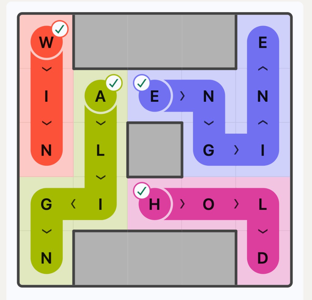 A solved Wend puzzle with the words WIN, HOLD, ALIGN and ENGINE winding around gray wall blocks